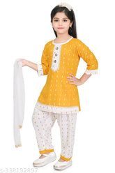 Yellow rayon kurta pant for girls party festive, three-quarter sleeves, lovely fashion kids wear from India